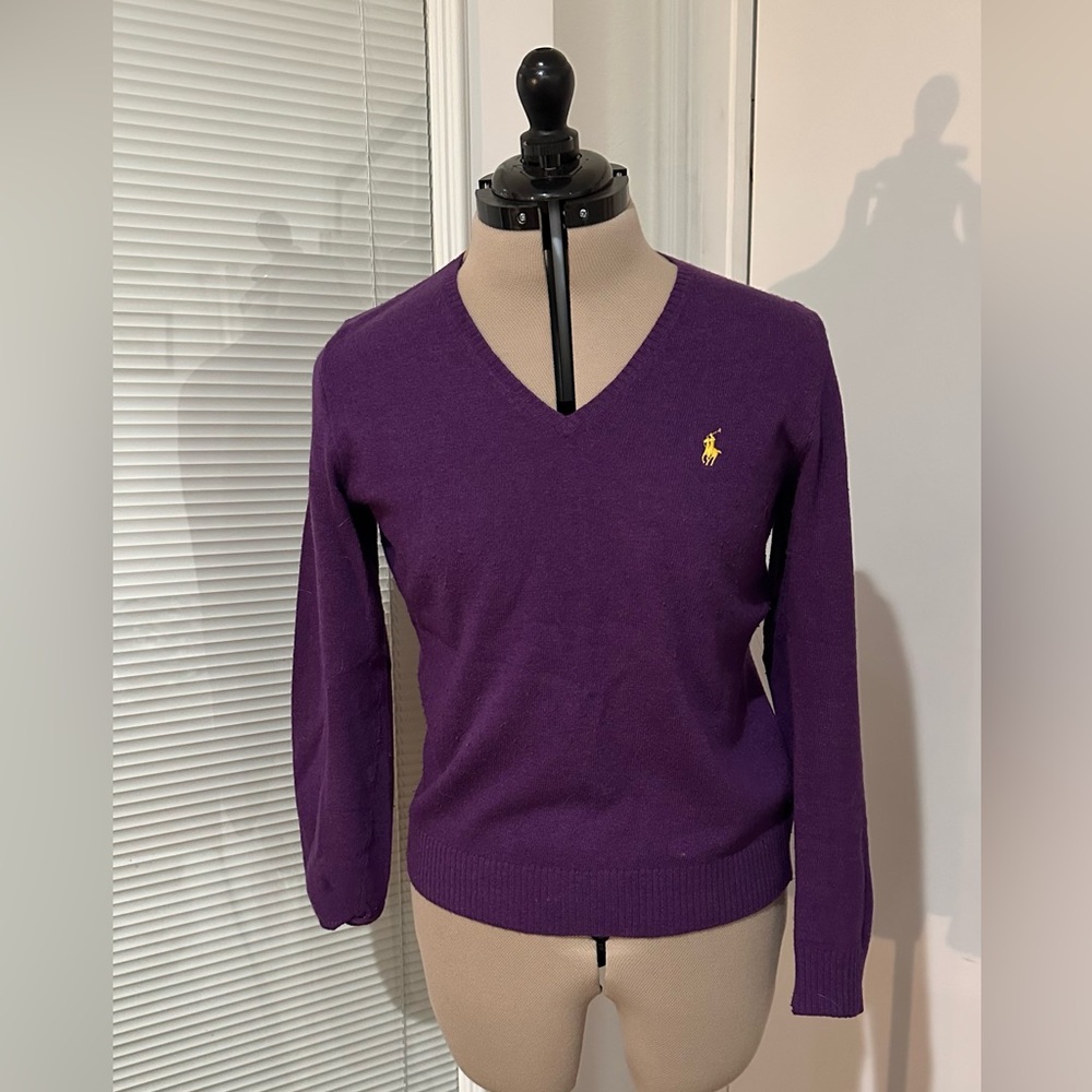 Ralph Lauren Purple V-Neck Sweater with Gold Logo